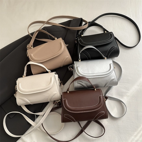 Borsa A Tracolla Da Donna In Pelle PU Con Cuciture Bianche A Contrasto Patta Manico Superiore Vintage