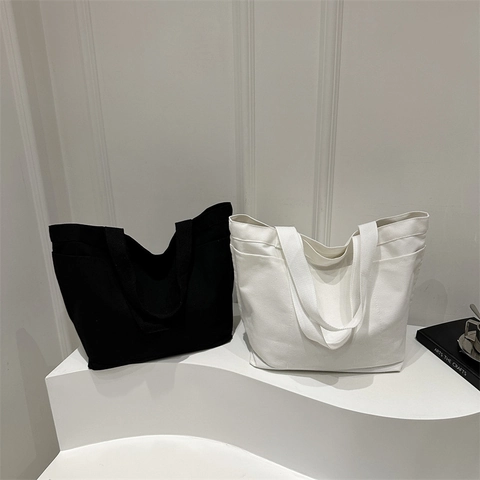 Borsa Tote In Tela Grande Capacità Borsa A Tracolla Semplice Minimalista Con Tasche Per Donne Quotidiano Scuola