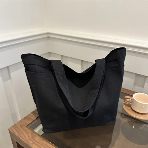 Borsa Tote In Tela Grande Capacità Borsa A Tracolla Semplice Minimalista Con Tasche Per Donne Quotidiano Scuola