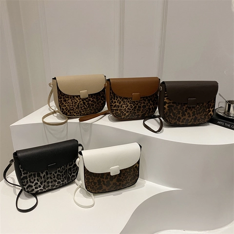 Women Leopard Print Patchwork Saddle Shoulder Bag Retro PU Leather Flap Magnetic Buckle Casual Crossbody Underarm Bag