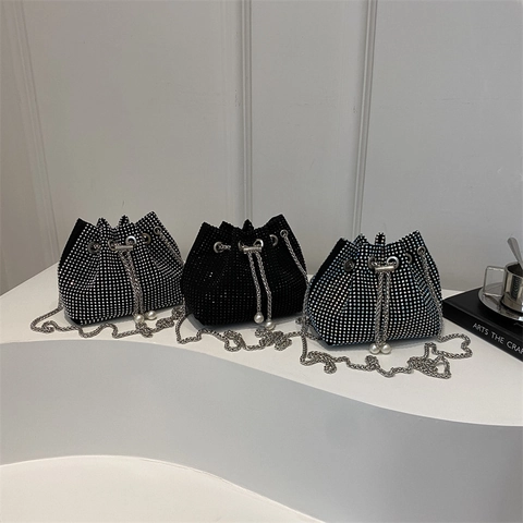 Rhinestone Bucket Bag With Artificial Pearl Drawstring And Metal Chain Strap Fashion Mini Sparkly Evening Crossbody For Women