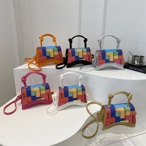 Borsa A Tracolla In Pelle PU Con Motivo Geometrico Colorato Per Donna Con Manico A Nodo Fondo Curvo Borsa A Mano