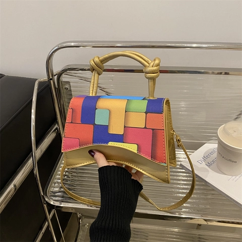 Borsa A Tracolla In Pelle PU Con Motivo Geometrico Colorato Per Donna Con Manico A Nodo Fondo Curvo Borsa A Mano