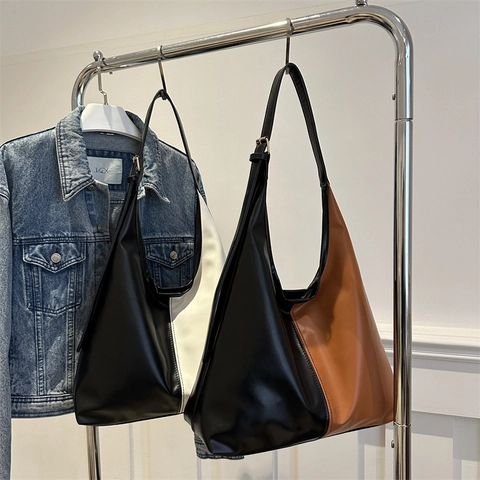 Color Block Umhängetasche PU Leder Große Kapazität Tote Für Frauen Retro Pendler Stil Verstellbarer Gurt