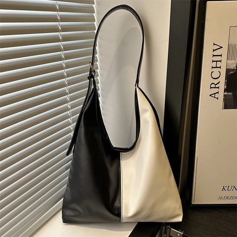 Color Block Umhängetasche PU Leder Große Kapazität Tote Für Frauen Retro Pendler Stil Verstellbarer Gurt