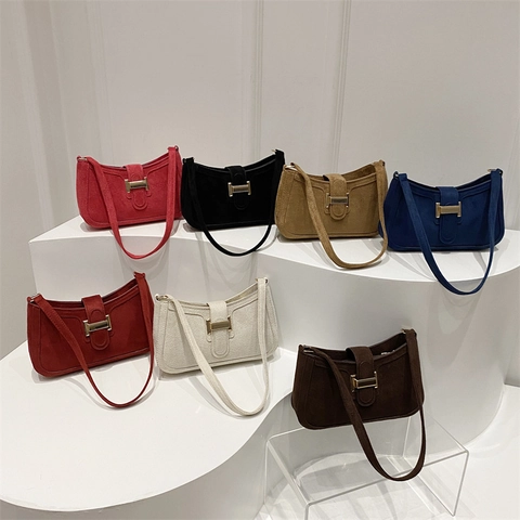 Dames Vintage Baguette Tas Mat Suède PU Leer Oksel Schoudertas Frans Niche Design Gouden Gesp Trendy