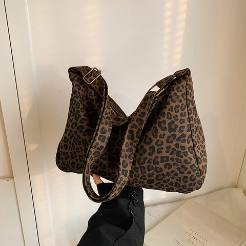 Borsa a Spalla in Nylon con Stampa Leopardata Vintage Grande Capacità Borsa Sottobraccio con Tracolla Regolabile Moda Hobo Donna