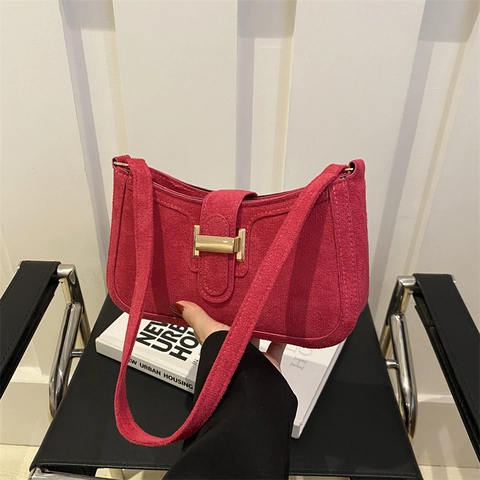 Dames Vintage Baguette Tas Mat Suède PU Leer Oksel Schoudertas Frans Niche Design Gouden Gesp Trendy