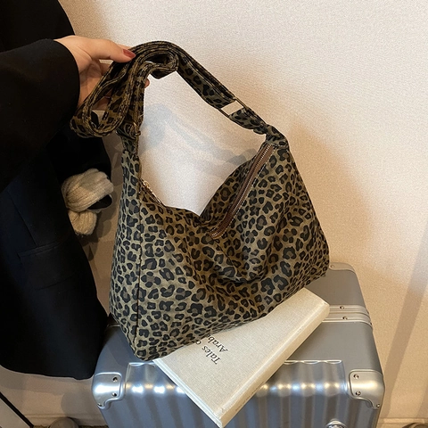 Sac Bandoulière En Toile À Imprimé Léopard Grande Capacité Style Hobo Bandoulière Réglable Fourre-tout Décontracté