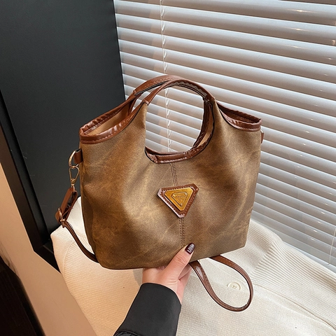 Borsa A Tracolla Vintage Da Donna In Pelle PU Tela Tweed Cuciture Grande Capacità Borsa A Mano Con Logo In Metallo Triangolare Elegante
