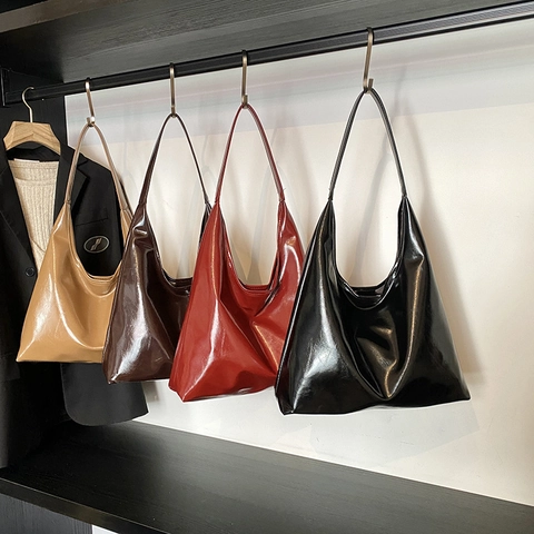 Bolso de Hombro para Mujer de Gran Capacidad de Cuero PU Brillante Retro Minimalista Viaje Diario Bolso de Axila Moda