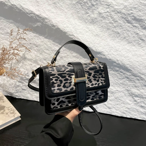 Schultertasche Mit Leopardenmuster Vintage PU Leder Handtasche Mit Goldener Schnalle Quadratisch Chic Für Damen