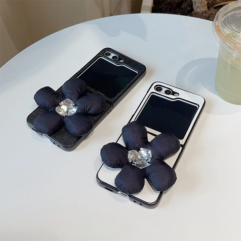 Folding Phone Case Luxury 3D Fabric Flower Rhinestone Crystal Faux Leather Cross Grain Texture For Flip Screen Women
