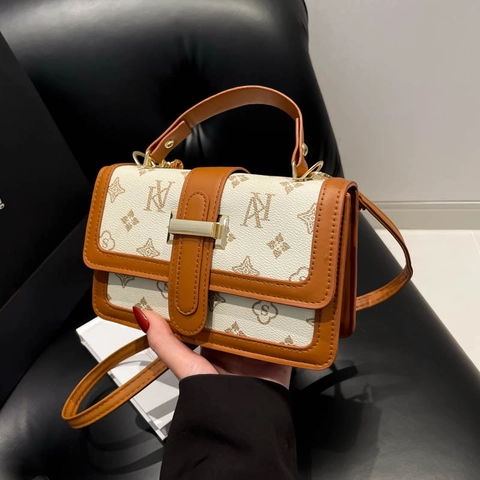 Women Retro Monogram Shoulder Crossbody Bag PU Leather Top Handle Fashion Small Square Flap Bag Gold Hardware Print