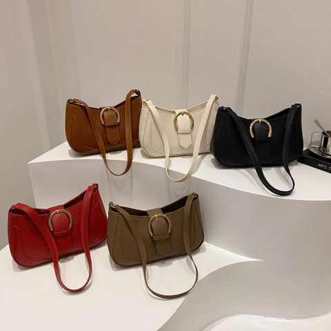 Underarm Shoulder Bag Women Lychee Pattern PU Leather Gold Metal Buckle Vintage Minimalist Chic Half Moon Hobo Handbag