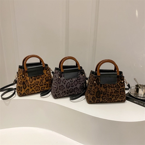 Women Leopard Print Handbag PU Leather Faux Fur Wooden Handle Crossbody Shoulder Bag Fashion Square Satchel