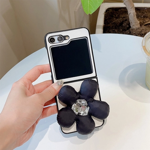 Folding Phone Case Luxury 3D Fabric Flower Rhinestone Crystal Faux Leather Cross Grain Texture For Flip Screen Women