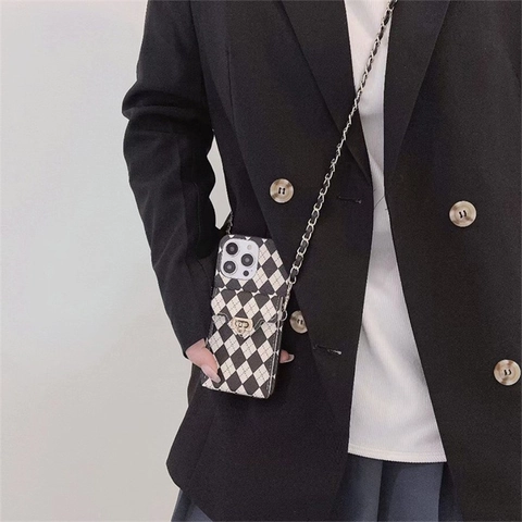 iPhone Case With Crossbody Chain Strap Argyle Checkered PU Leather Wallet Card Holder Metal Lock Flip Cover Protective Cover