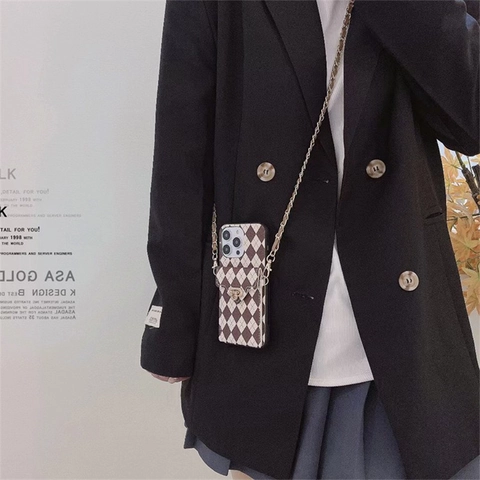 iPhone Case With Crossbody Chain Strap Argyle Checkered PU Leather Wallet Card Holder Metal Lock Flip Cover Protective Cover