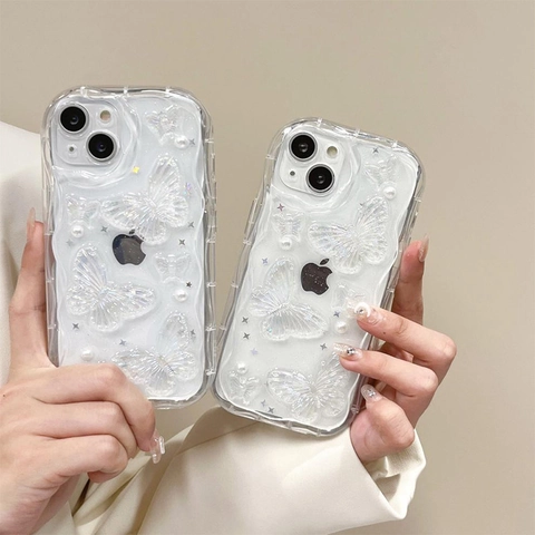 Transparent Wave Edge Phone Case With 3D Iridescent Butterfly Artificial Pearl Glitter TPU Shockproof Protective Cover Elegant