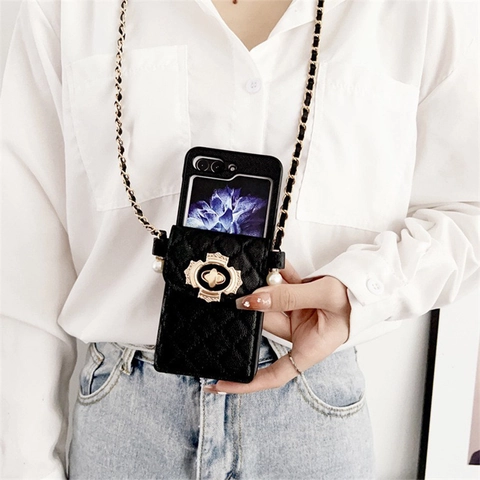 Quilted Leather Phone Case With Crossbody Chain Artificial Pearl Decor Foldable Wallet Style Mini Bag Design For Flip Phones