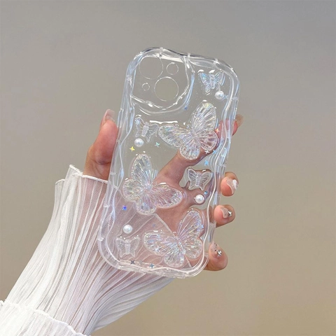 Transparent Wave Edge Phone Case With 3D Iridescent Butterfly Artificial Pearl Glitter TPU Shockproof Protective Cover Elegant