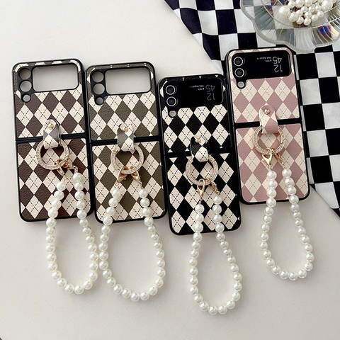 Funda Plegable De Cuero Sintético Acolchado Con Anillo De Diamantes Y Correa De Perlas Artificiales Estilo Lujo