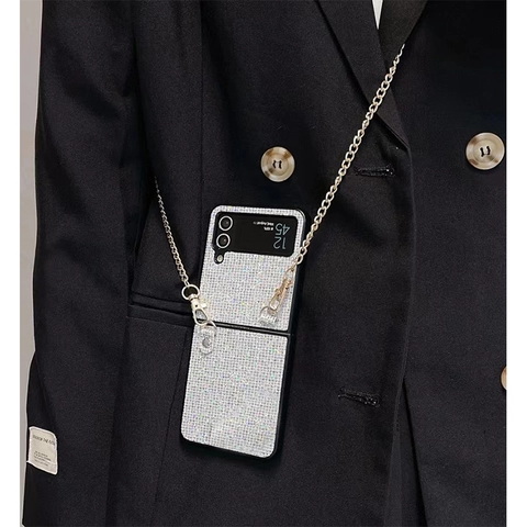 Sparkly Full Rhinestone Folding Phone Case With Metal Crossbody Chain Strap Luxury Shimmering Protective Shell Cover