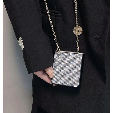 Sparkly Full Rhinestone Folding Phone Case With Metal Crossbody Chain Strap Luxury Shimmering Protective Shell Cover