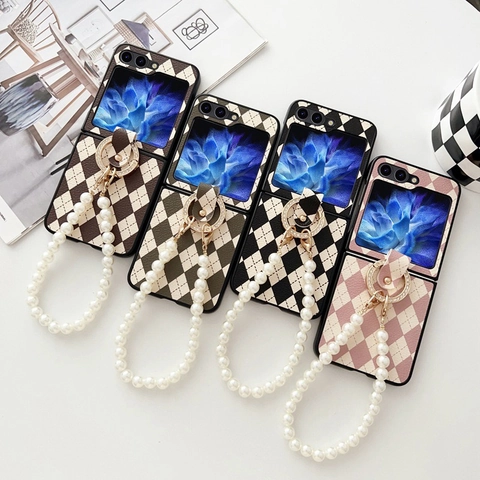 Funda Plegable De Cuero Sintético Acolchado Con Anillo De Diamantes Y Correa De Perlas Artificiales Estilo Lujo