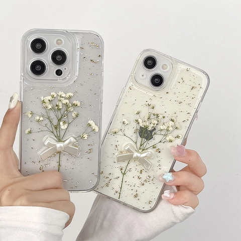 Floral Phone Case With Real Dried Flowers Gold Foil And 3D Bow Transparent TPU Protective Cover For iPhone Elegant
