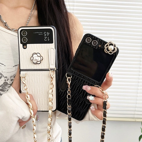 Camellia Kunstparel Vouwbare Telefoonhoes Met Crossbody Ketting PU Leer Schokbestendige Cover Voor Samsung Galaxy Z Flip Serie