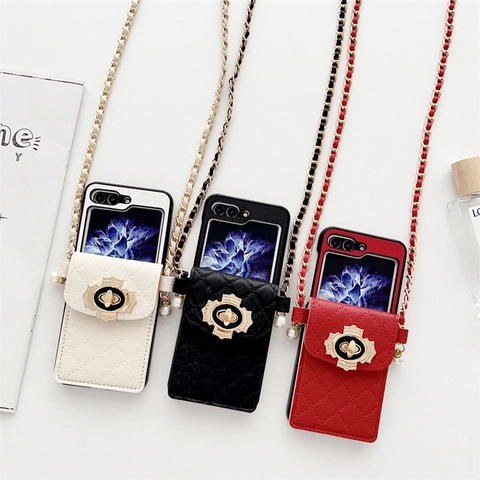 Quilted Leather Phone Case With Crossbody Chain Artificial Pearl Decor Foldable Wallet Style Mini Bag Design For Flip Phones