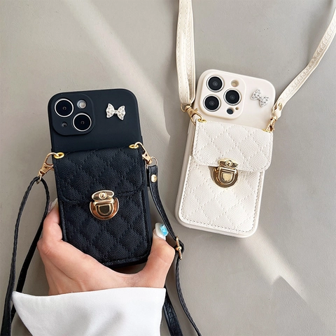 Crossbody Phone Case Quilted Leather Wallet Card Slot Rhinestone Bowknot Detachable Strap For Iphone Luxury