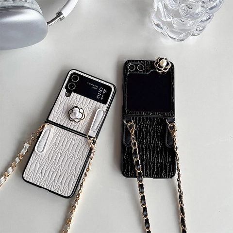 Camellia Kunstparel Vouwbare Telefoonhoes Met Crossbody Ketting PU Leer Schokbestendige Cover Voor Samsung Galaxy Z Flip Serie