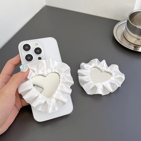 Supporto Telefono Specchio Cuore Raso Bianco Volant Pieghevole Adesivo Per Smartphone Dolce Francese Vintage Cosmetico