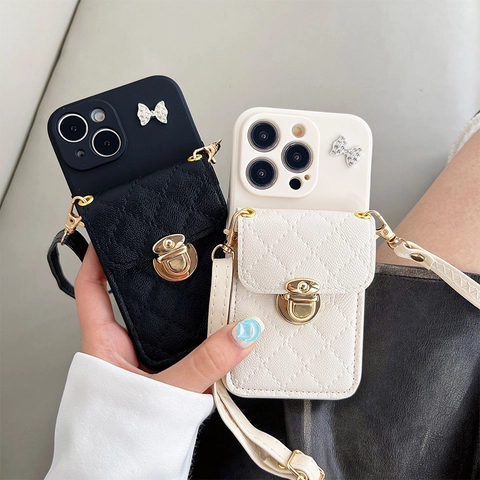 Crossbody Phone Case Quilted Leather Wallet Card Slot Rhinestone Bowknot Detachable Strap For Iphone Luxury