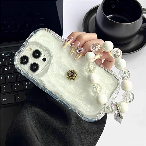 3D Camellia Flower iPhone Case Soft TPU Wave Edge Shimmer Glitter Cover With Beaded Hand Chain Strap Elegant Women
