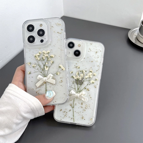 Floral Phone Case With Real Dried Flowers Gold Foil And 3D Bow Transparent TPU Protective Cover For iPhone Elegant
