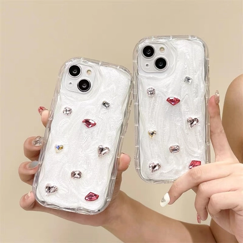 Custodia Per Telefono Di Lusso Con Strass E Pietre Preziose TPU Antiurto Bordo Ondulato Glitter Bianco Estetica