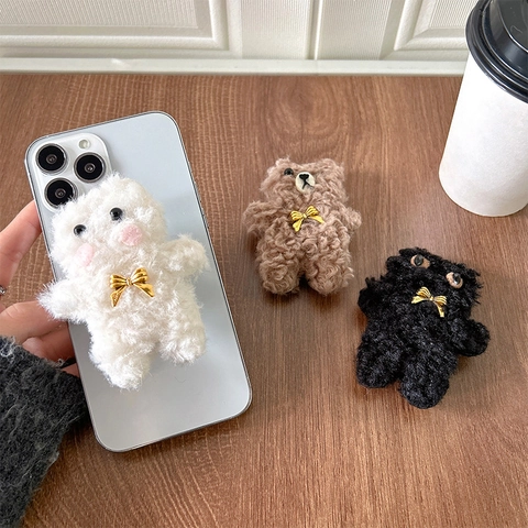 Plush Cat Phone Holder Retractable Airbag Grip Stand Support Soft Faux Fur With Golden Bow Cute Decorative Accessory