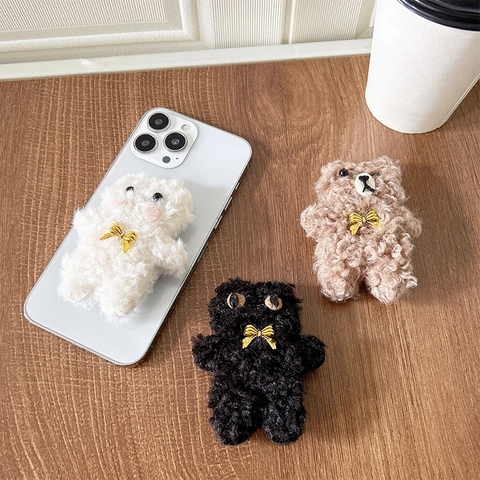 Plush Cat Phone Holder Retractable Airbag Grip Stand Support Soft Faux Fur With Golden Bow Cute Decorative Accessory