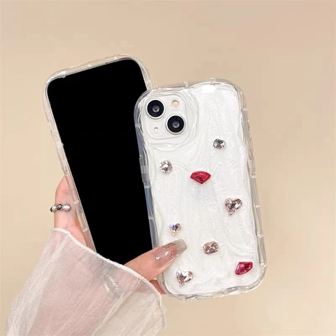 Custodia Per Telefono Di Lusso Con Strass E Pietre Preziose TPU Antiurto Bordo Ondulato Glitter Bianco Estetica