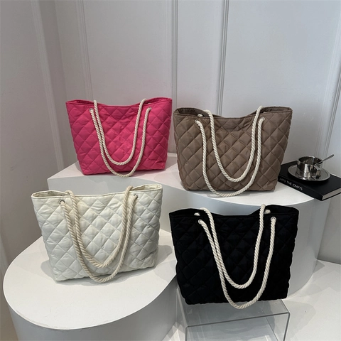 Quilted Tote Bag Rhombic Padded Nylon Handbag With Cotton Rope Handle Large Capacity Casual Winter Commuter Women