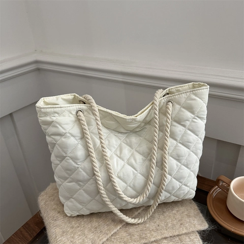 Quilted Tote Bag Rhombic Padded Nylon Handbag With Cotton Rope Handle Large Capacity Casual Winter Commuter Women