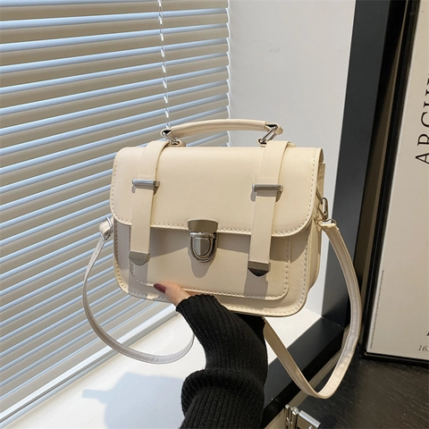 Retro Crossbodytas Van PU Leer Voor Dames Eenvoudige Kleine Vierkante Schoudertas Met Handvat En Metalen Gesp