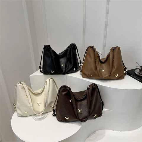 Sac À Épaule Femme En Cuir PU Retro Hobo Tote Avec Décoration Papillon En Métal Doré Sac Sous Le Bras