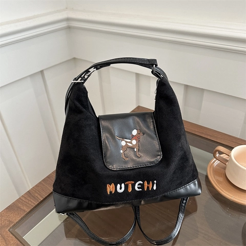 Borsa A Spalla Di Grande Capacità In Pelle Scamosciata E PU Ricamo Cane Retrò Casual Borsa Da Pendolare Per Donna