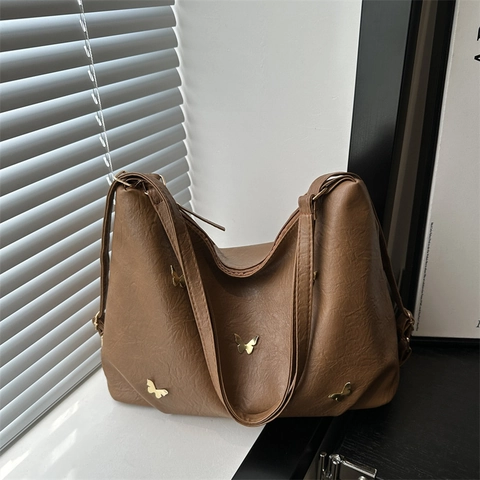 Borsa Tote Vintage in Pelle PU da Donna Con Fibbia in Metallo a Farfalla Dorata Borsa a Spalla Hobo Grande Capacità Pendolare