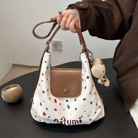 Damen Schultertasche PU Leder Bunte Polka Dot Große Kapazität Lässige Koreanische Stil Unterarm Tote Bag Alltag